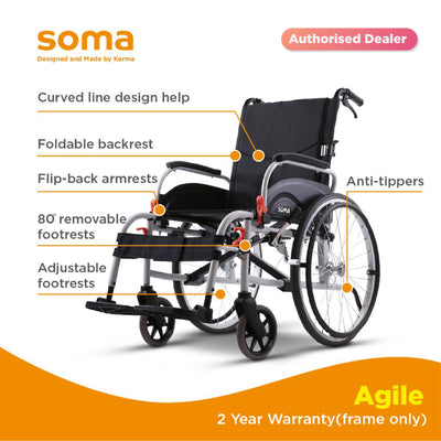 SOMA AGILE SIL WHITE-PLAIN BLACK WHEEL CHAIR (AGL-14-18*16) 14F