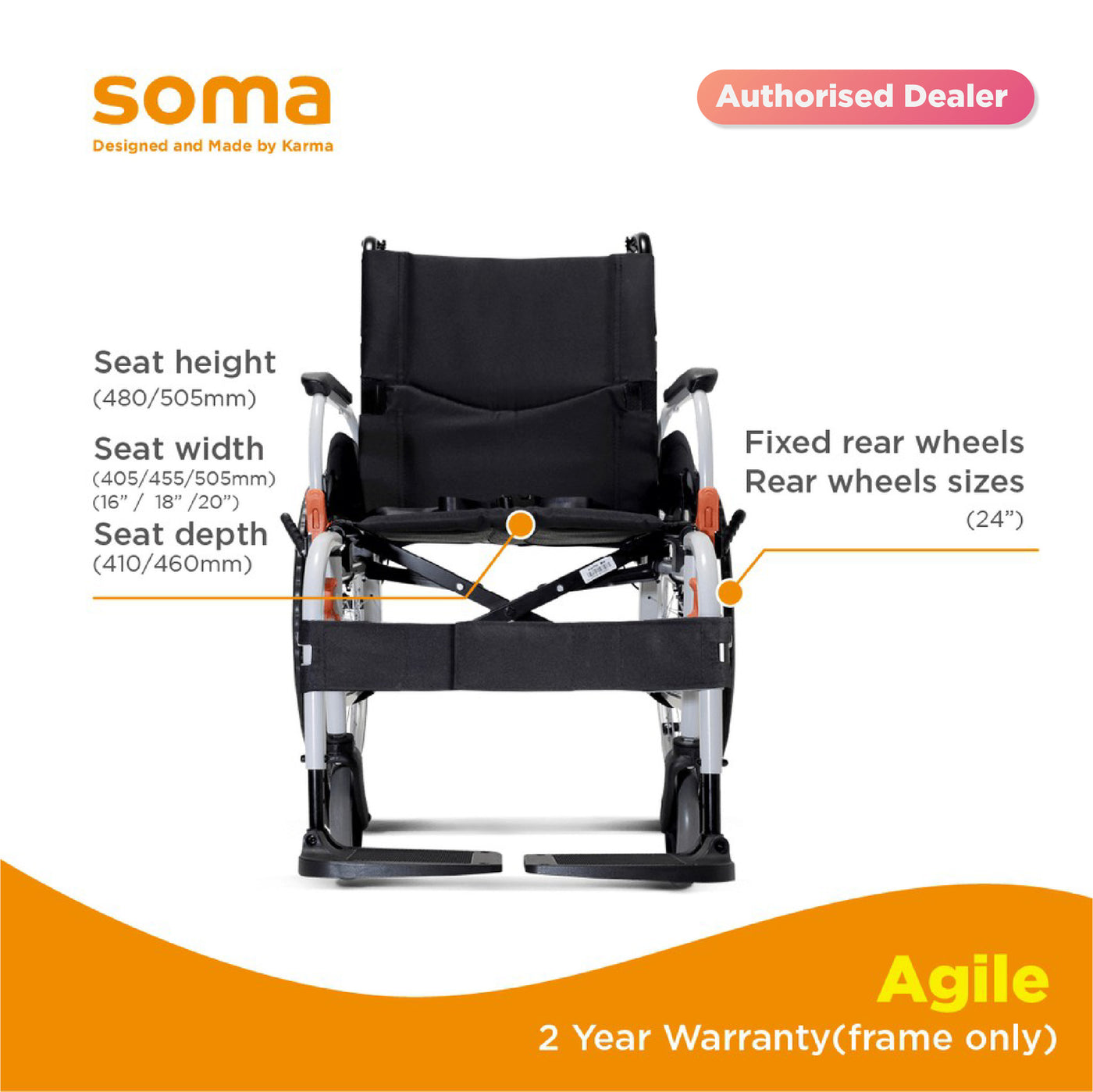 SOMA AGILE SIL WHITE-PLAIN BLACK WHEEL CHAIR (AGL-24-18*16) 24Q