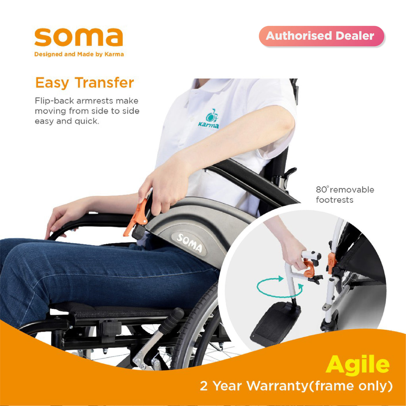 SOMA AGILE SIL WHITE-PLAIN BLACK WHEEL CHAIR (AGL-14-18*16) 14F