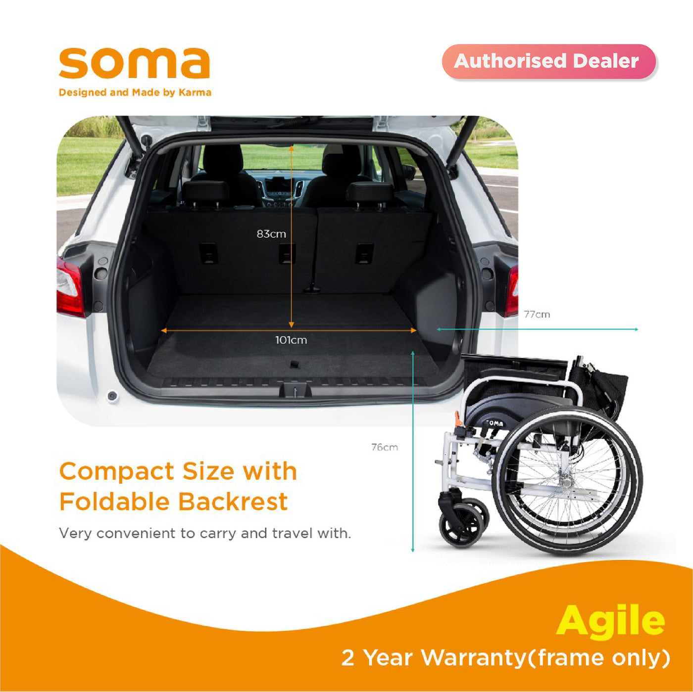 SOMA AGILE SIL WHITE-PLAIN BLACK WHEEL CHAIR (AGL-14-18*16) 14F