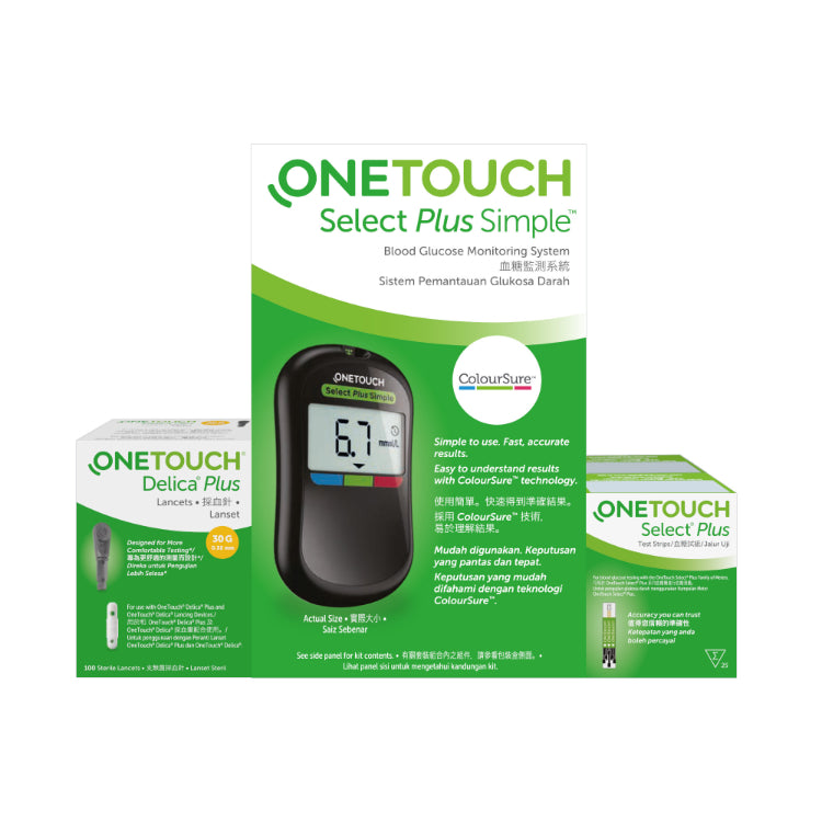 ONE TOUCH SELECT PLUS SIMPLE GLUCOSE METER + PLUS TEST STRIPS 50's + DELICA PLUS 100's